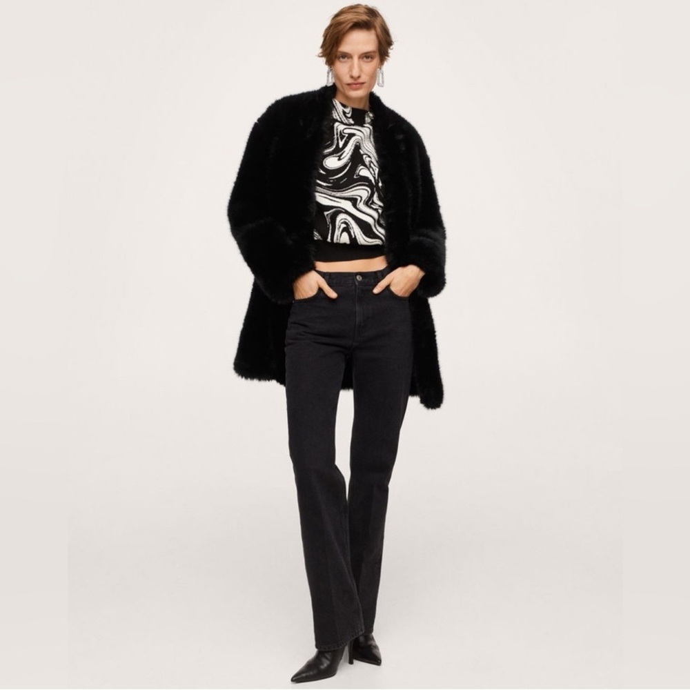 Mango Women's Elegant Cruella Black Faux Fur Jacket